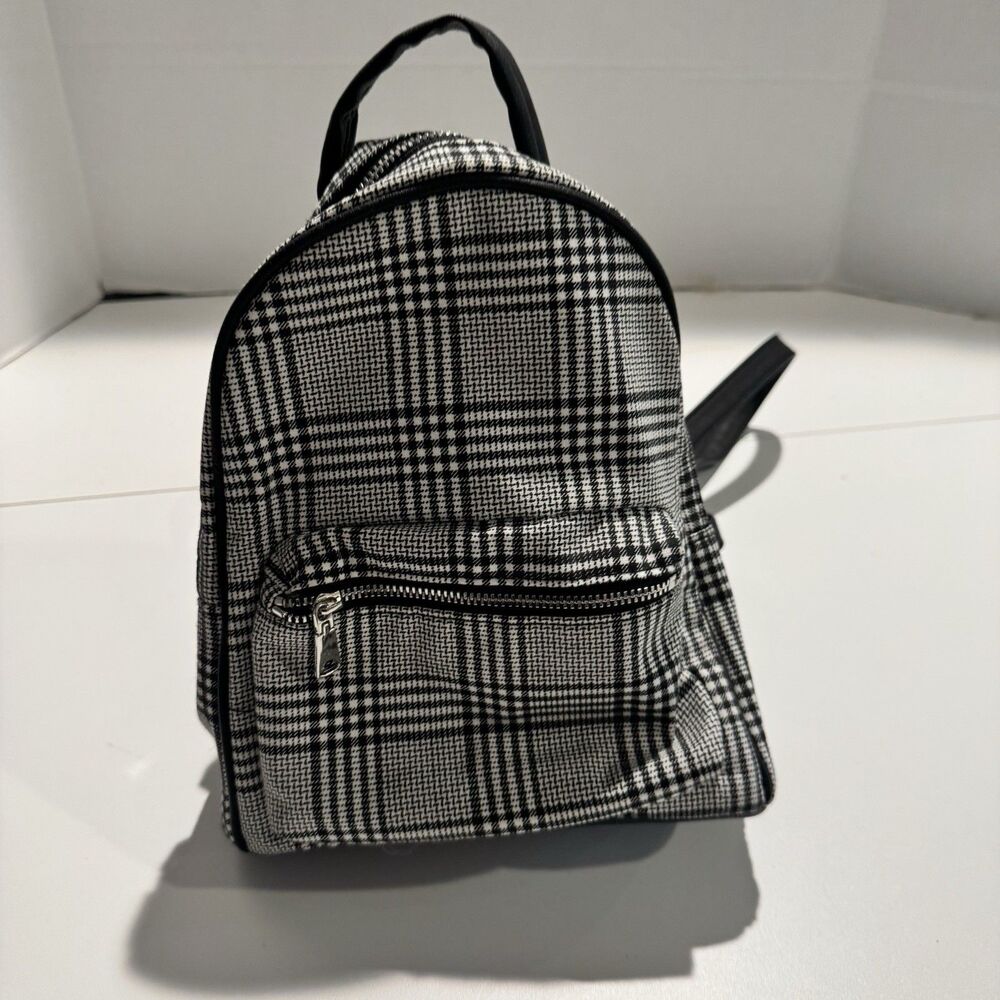 H&M Divided Mini Backpack Black White Plaid Faux Leather Small Travel Bag